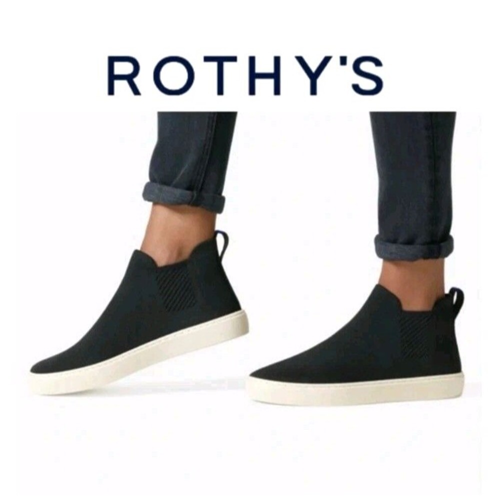 Rothys The Chelsea Boot Women’s Size W9 Black Knit Slip On Ankle Mid Top Sneaker